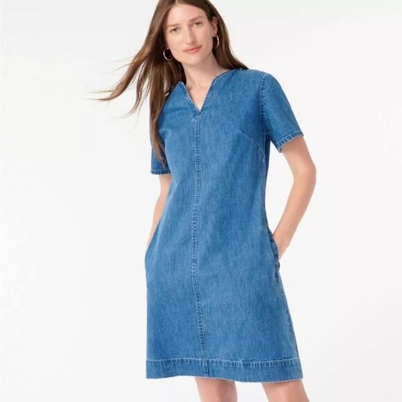 Jcrew blue cotton shift Denim V-neck dress size 6 with pockets - Picture 1 of 9